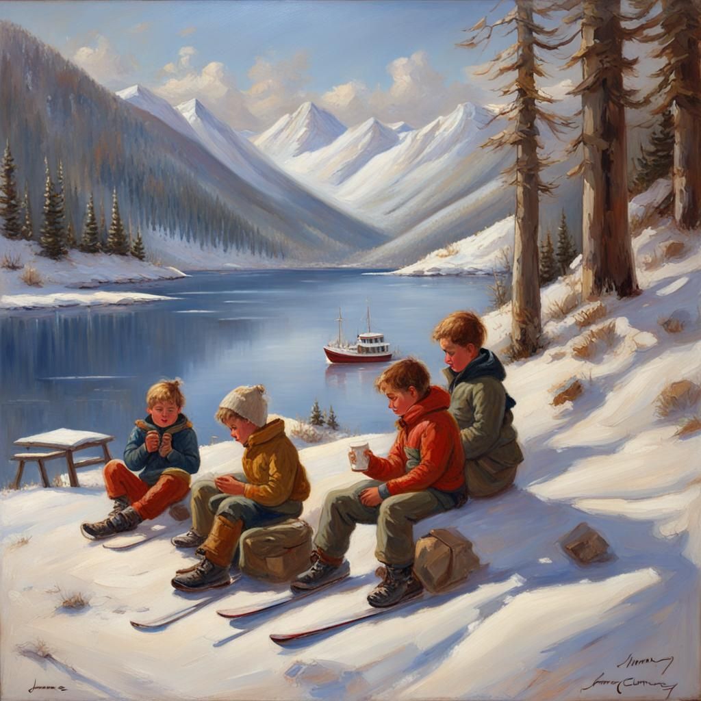 Children Enjoy Hot Chocolate After Skiing: Oil Painting