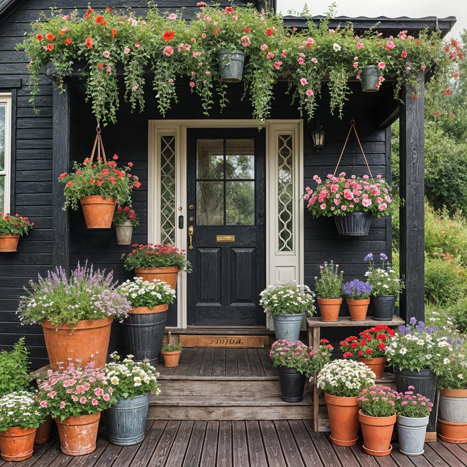 Vintage Wooden Porch Overflowing with Flower Pots