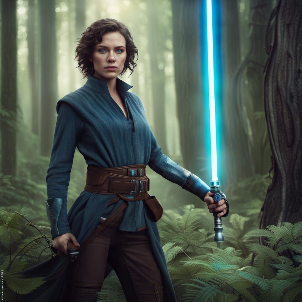Jedi Woman with Lightsaber in Forest