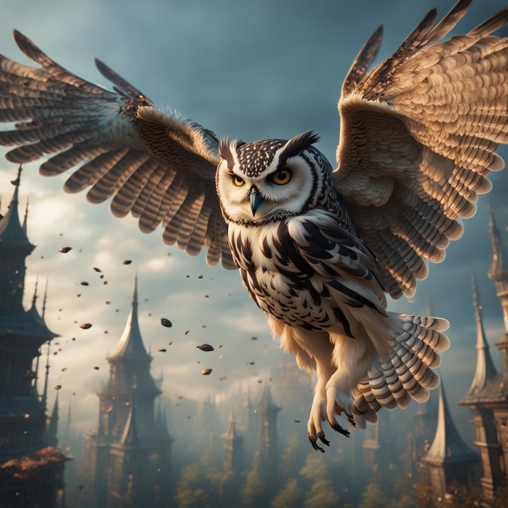 Fantastical Owl in Flight: Detailed Matte Painting