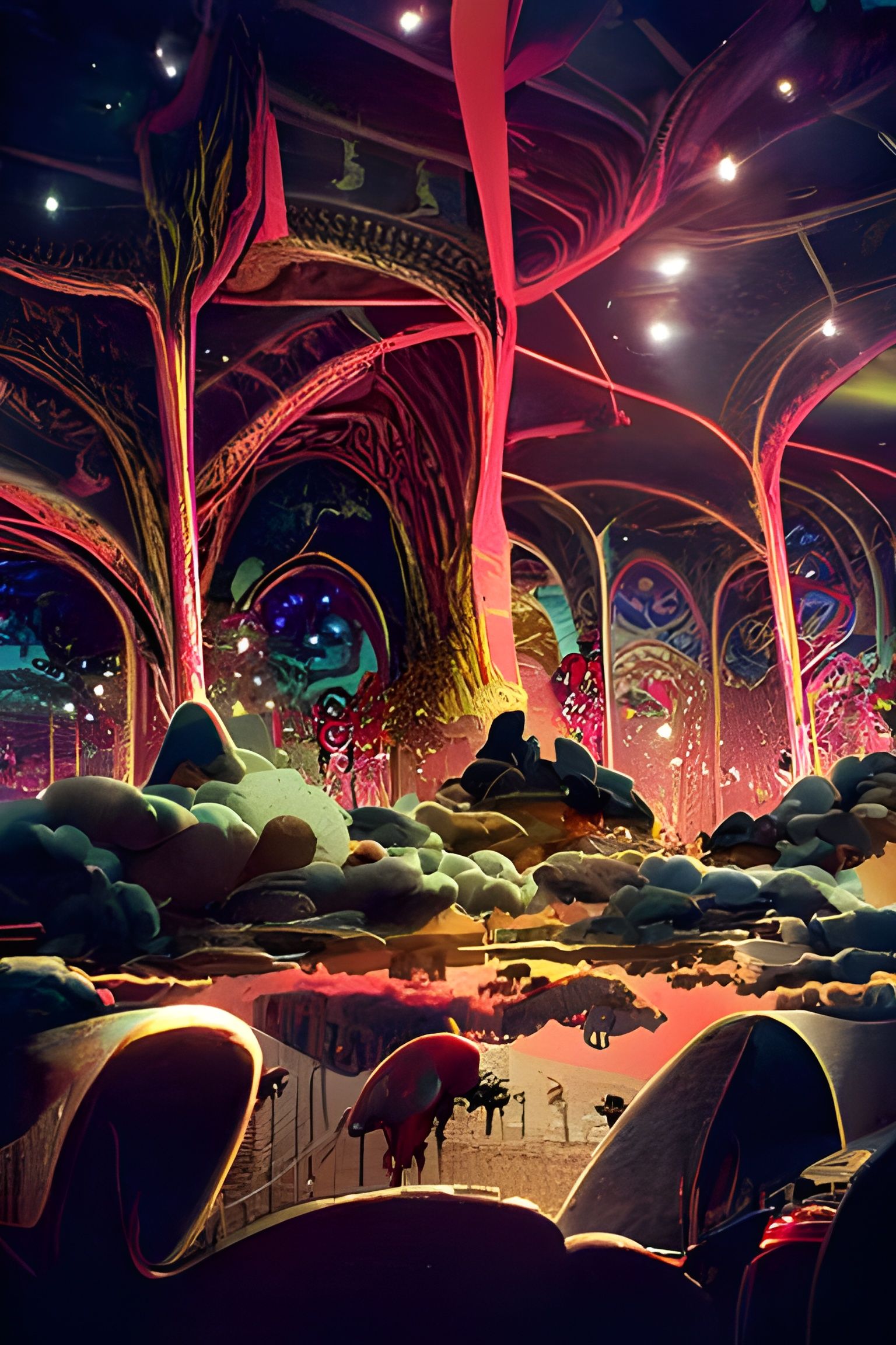 Enigmatic Fantasy Dreamscape in Kinetic Pointillism Style