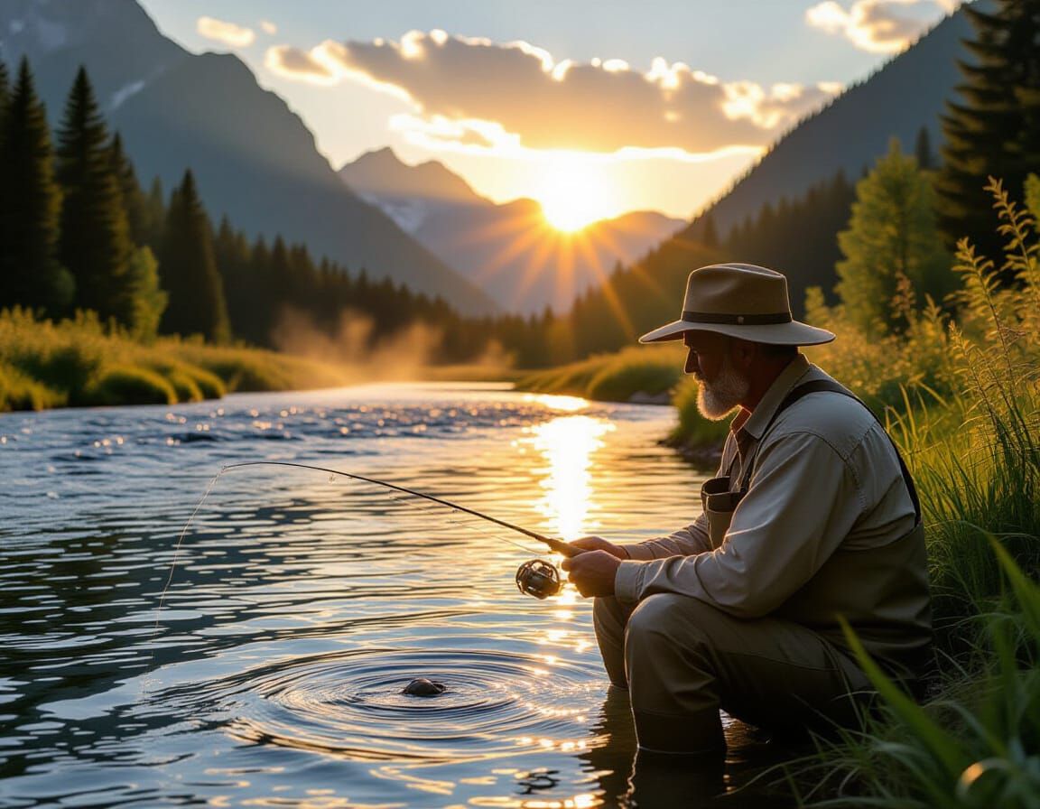 Fisherman at Sunrise on Mountain Stream