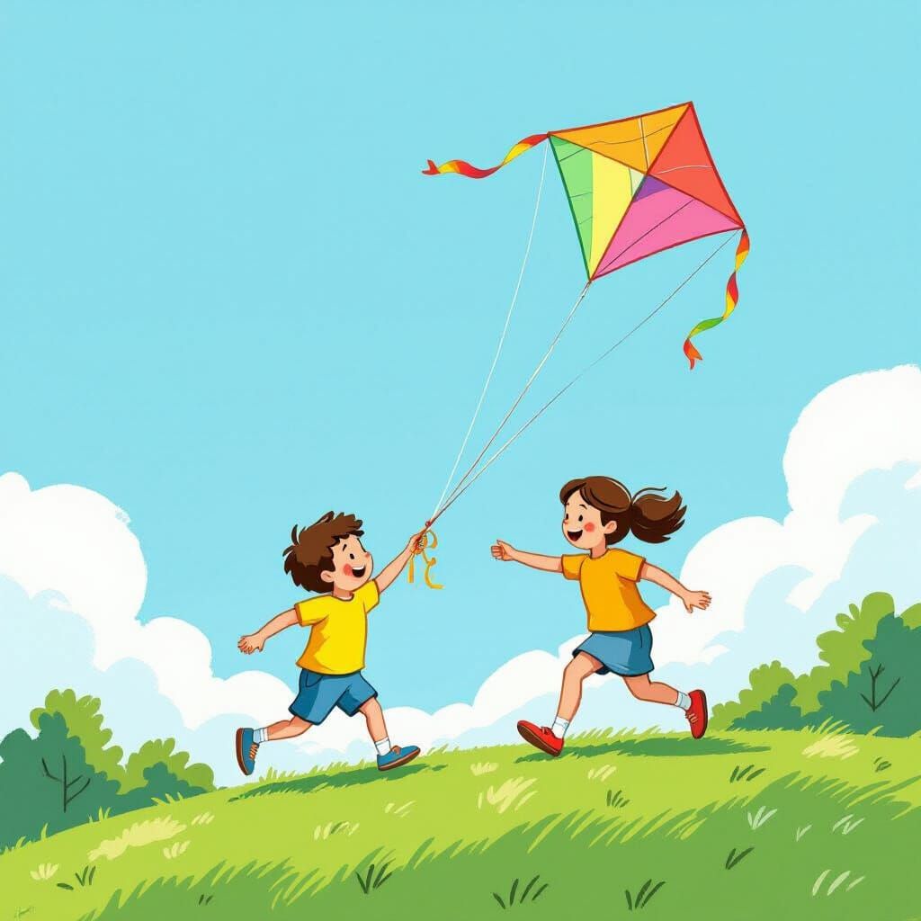 Boy Flying Kite on Hill, Illustration Style