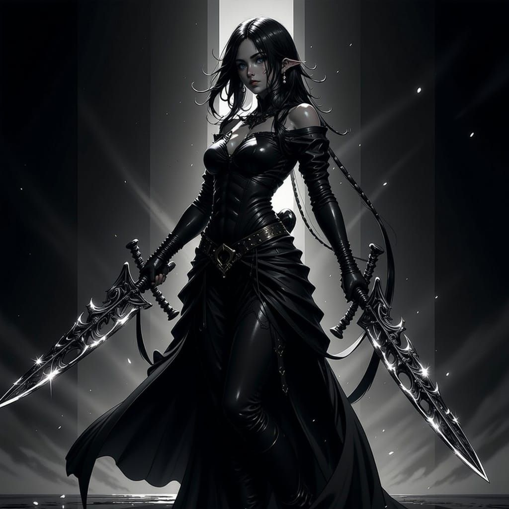 Ethereal Warrior Princess in High-Contrast Black and White