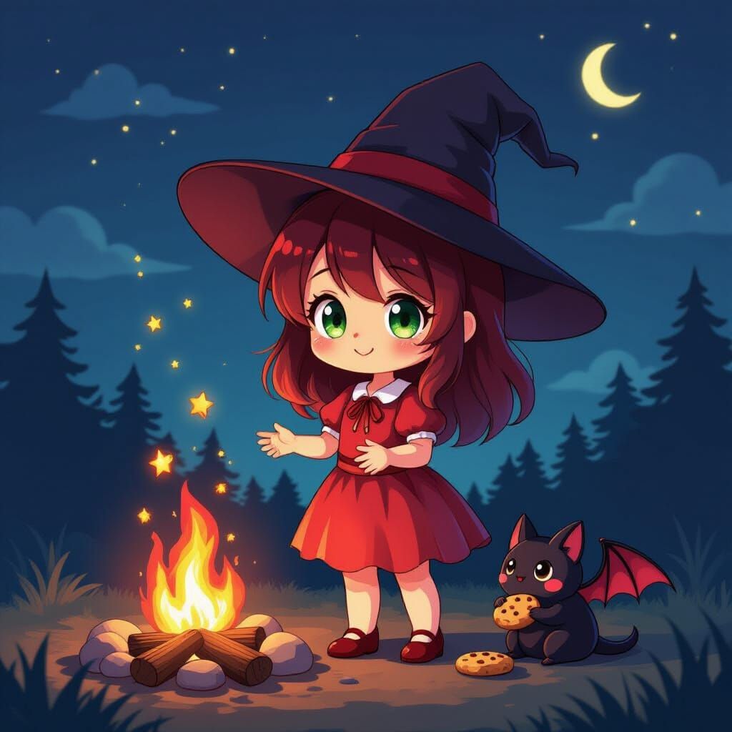 Anime Witch Conjuring Magic in Minimalist Style