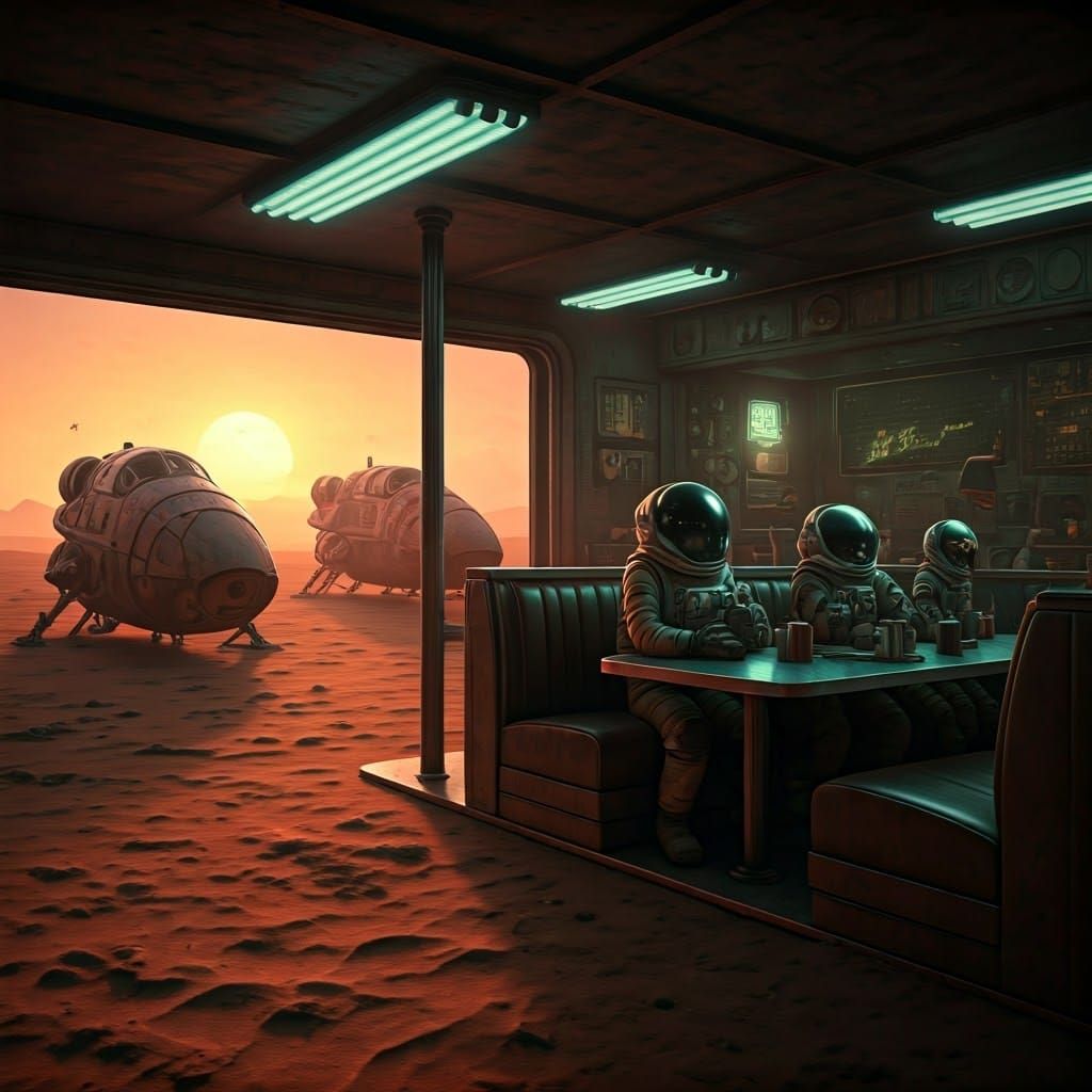 Retro-Futuristic Diner on Desert Planet in Cinematic Style