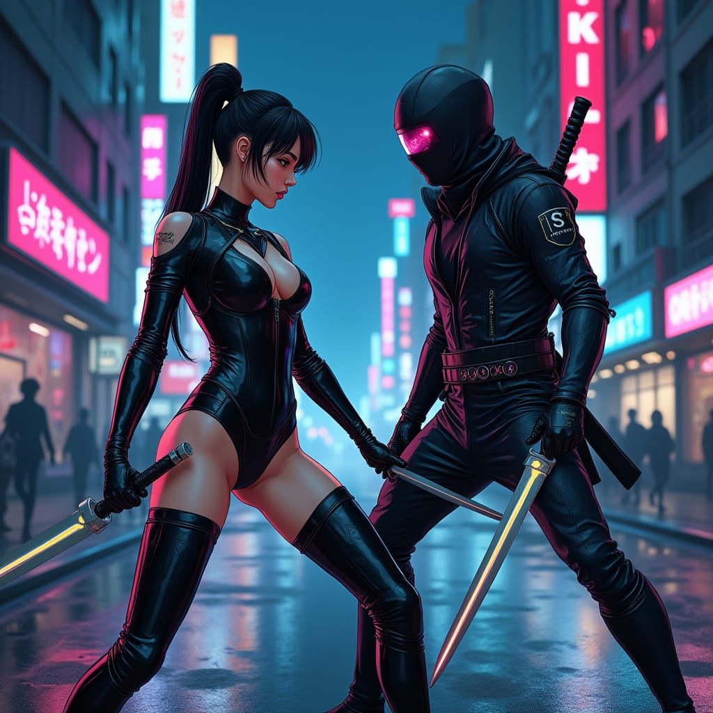 Futuristic Ninjas Duel in Cyberpunk Cityscape