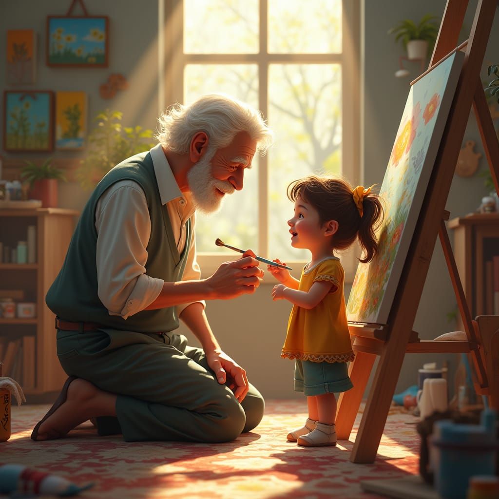 Elderly Artist Inspires Young Apprentice in Vibrant Studio S...