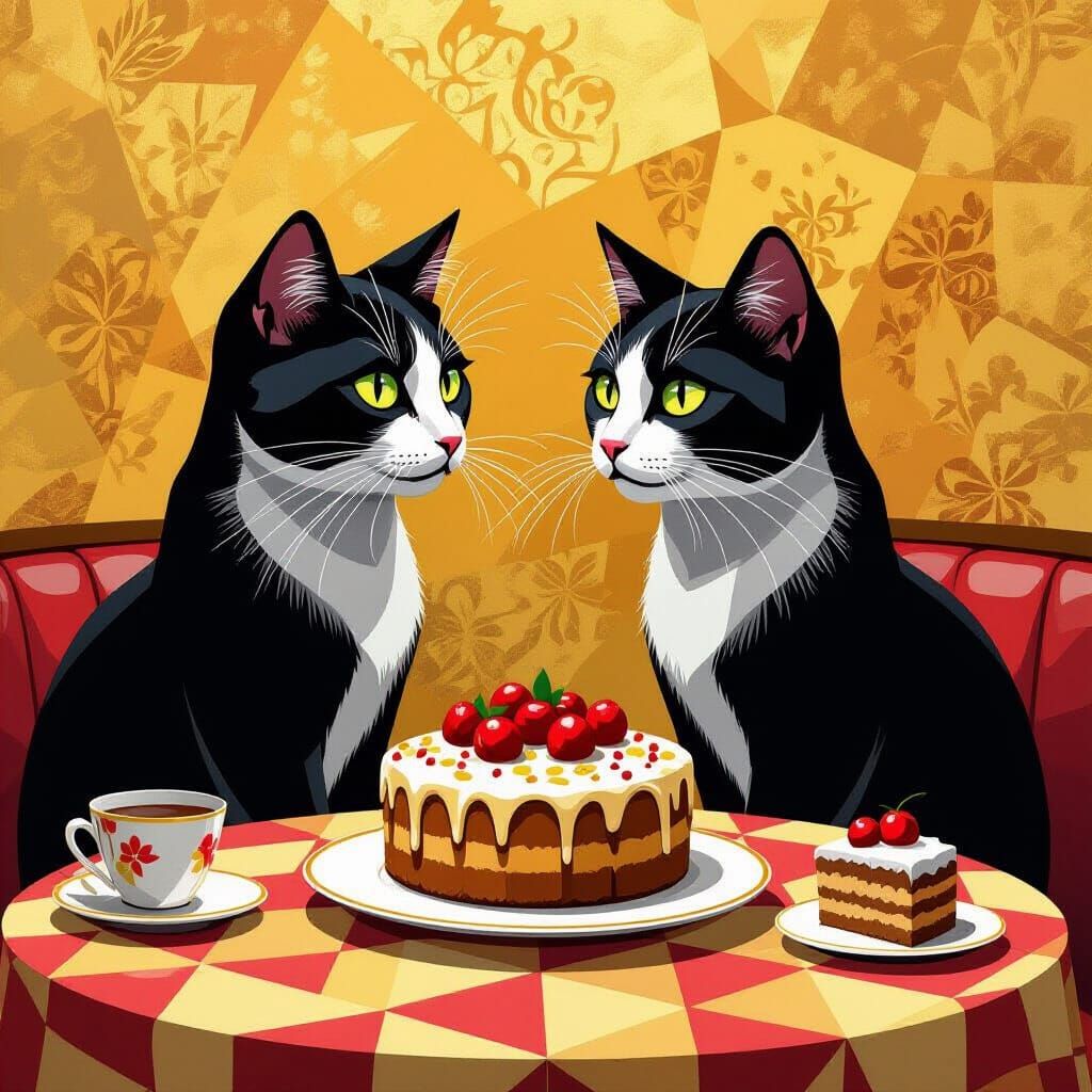 Hungry Cats Feast on Cakes in Klimt-Inspired Art Deco Pastry...