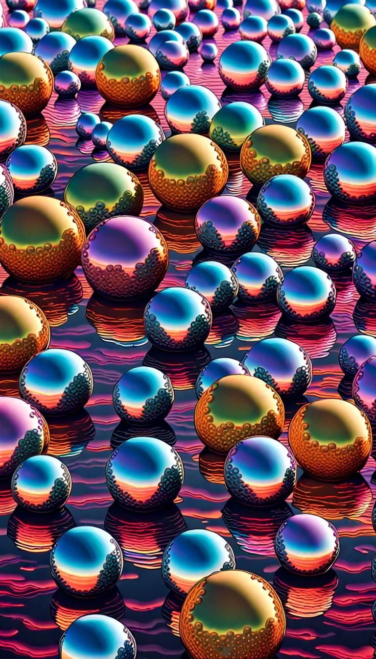 Iridescent Spheres Over Neon Sea in Psychedelic 3D