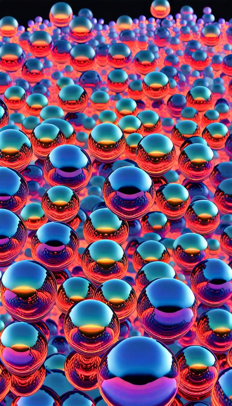 Iridescent Spheres Floating Over Neon Sea in 3D