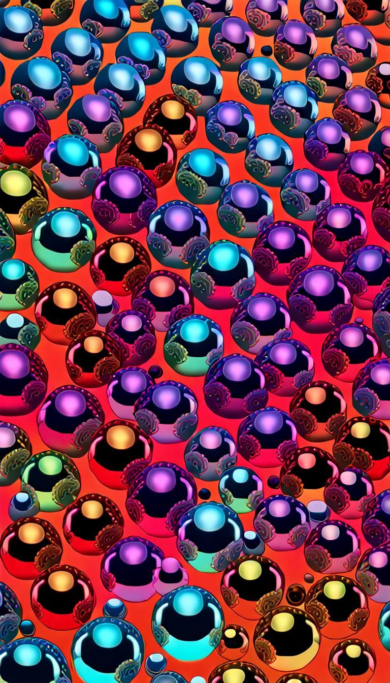 Iridescent Spheres Floating Over a Neon Sea in 3D