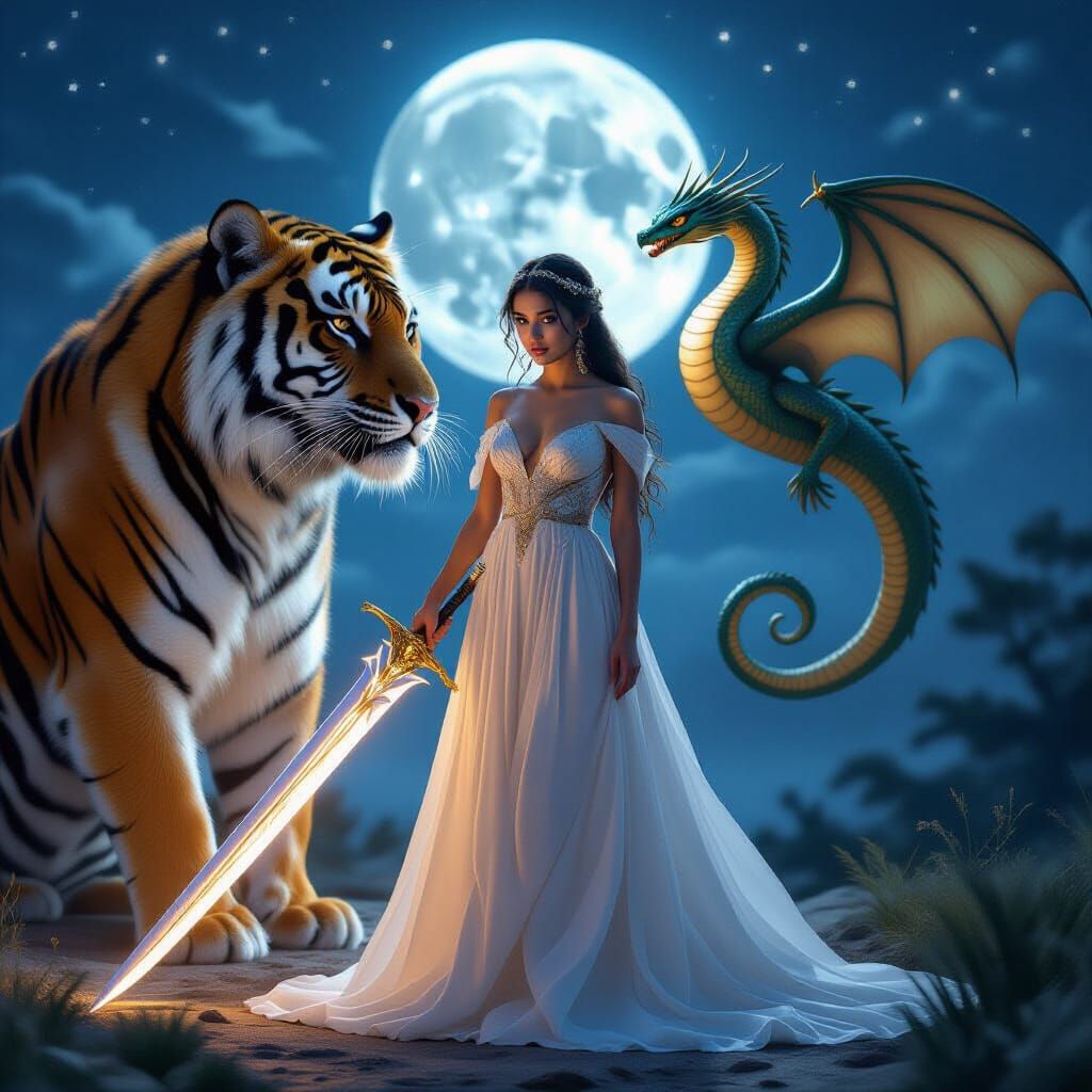 Fantasy Girl with Sword, Tiger, and Serpent