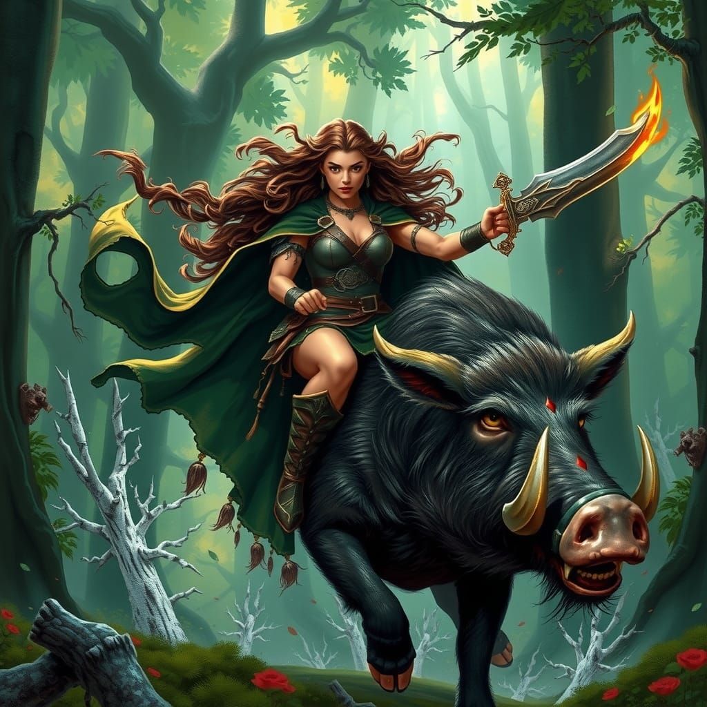 Amazon Warrior Rides Boar Through Emerald Forest