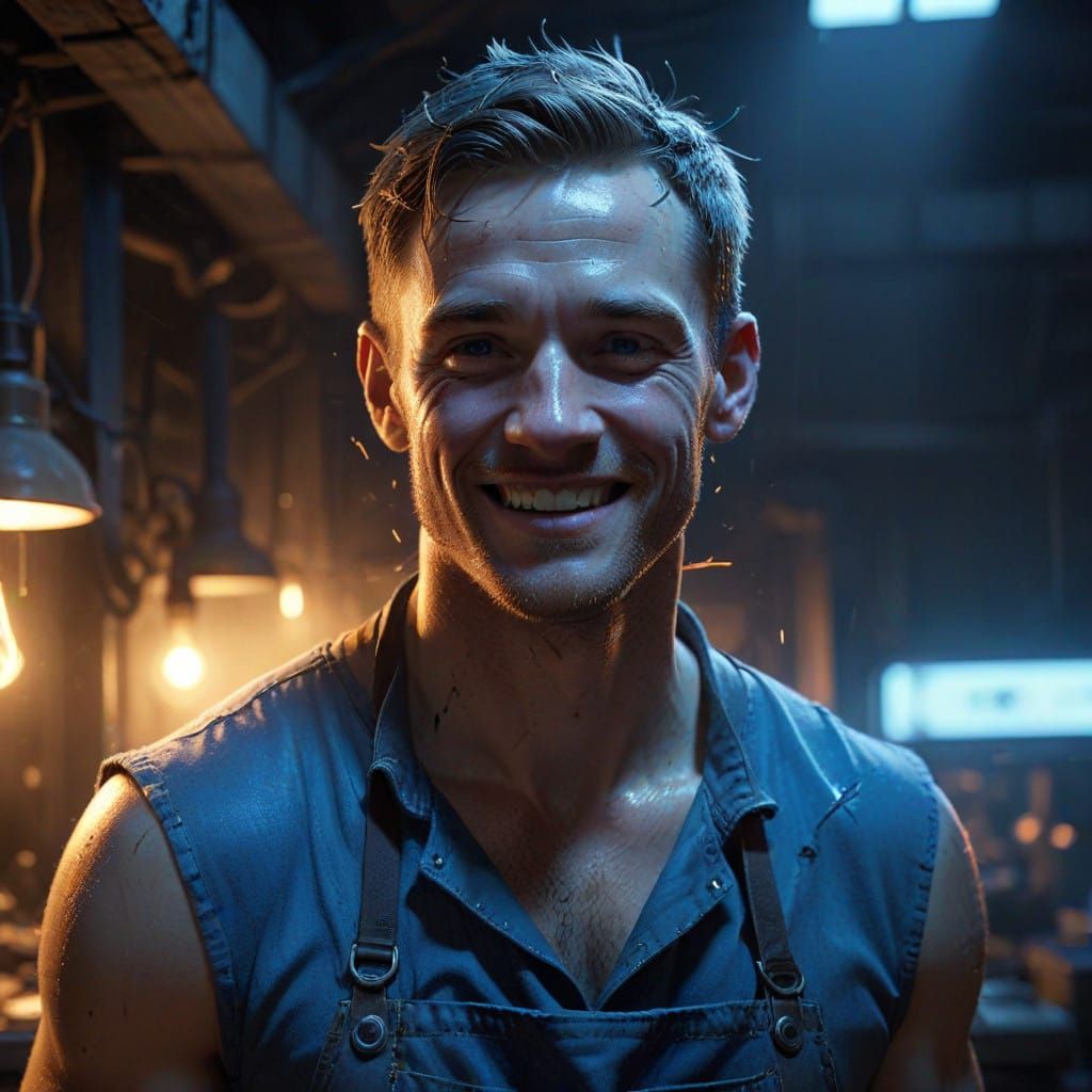 Ruggedly Handsome Industrial Worker in Neon Lit Environment