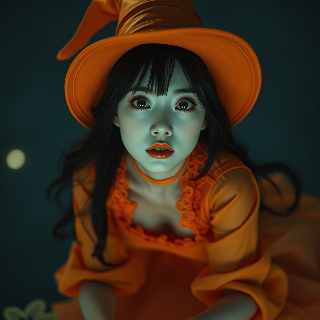 By night, riding a witch's flying-broom over the city.