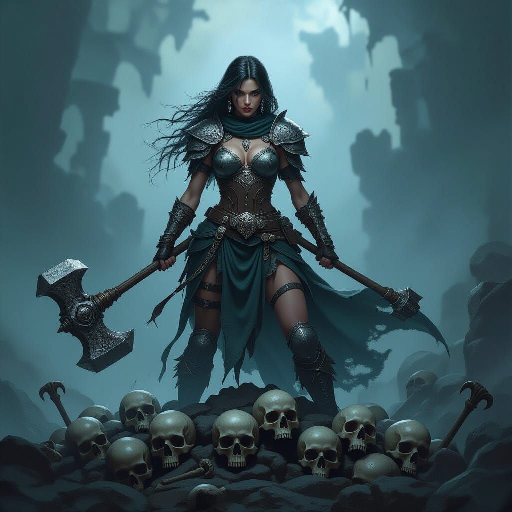 Triumphant Warrior in Dark Fantasy Setting