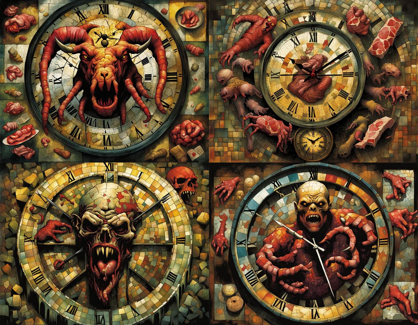 Grotesque Meat Clock in Dark Fantasy Style