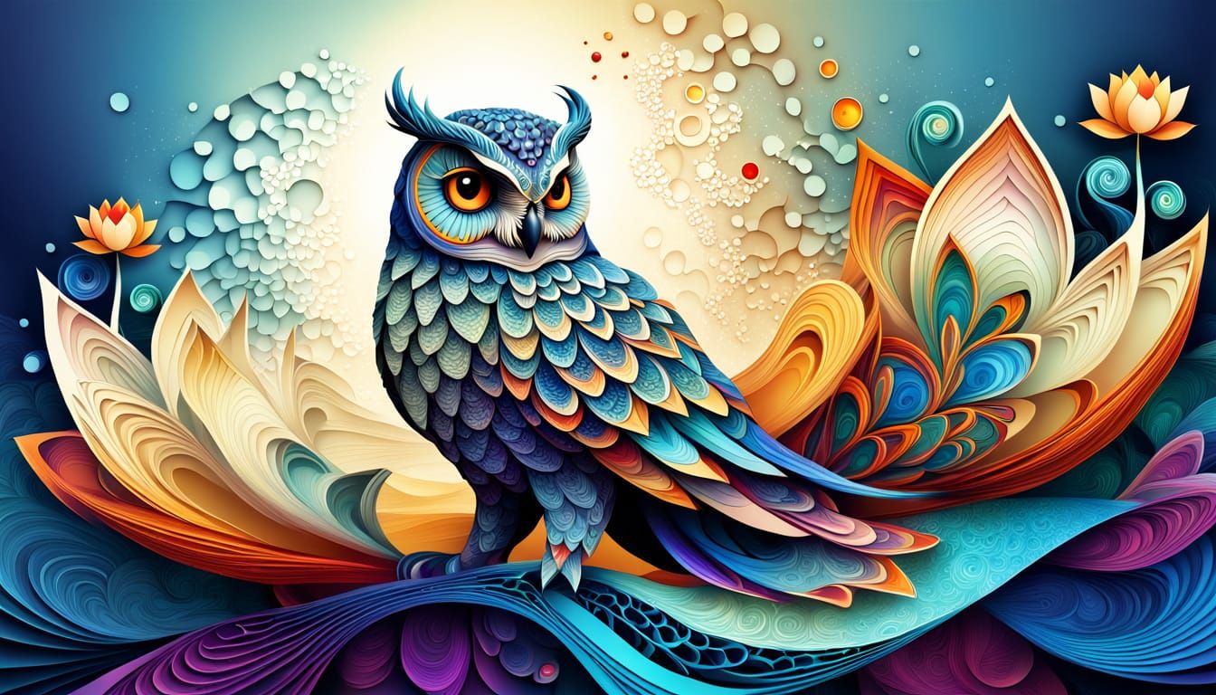 lotus flower, abstract vector fractal, wave function, Zentangle, 3d shading, owl, intricately detailed complementary col...