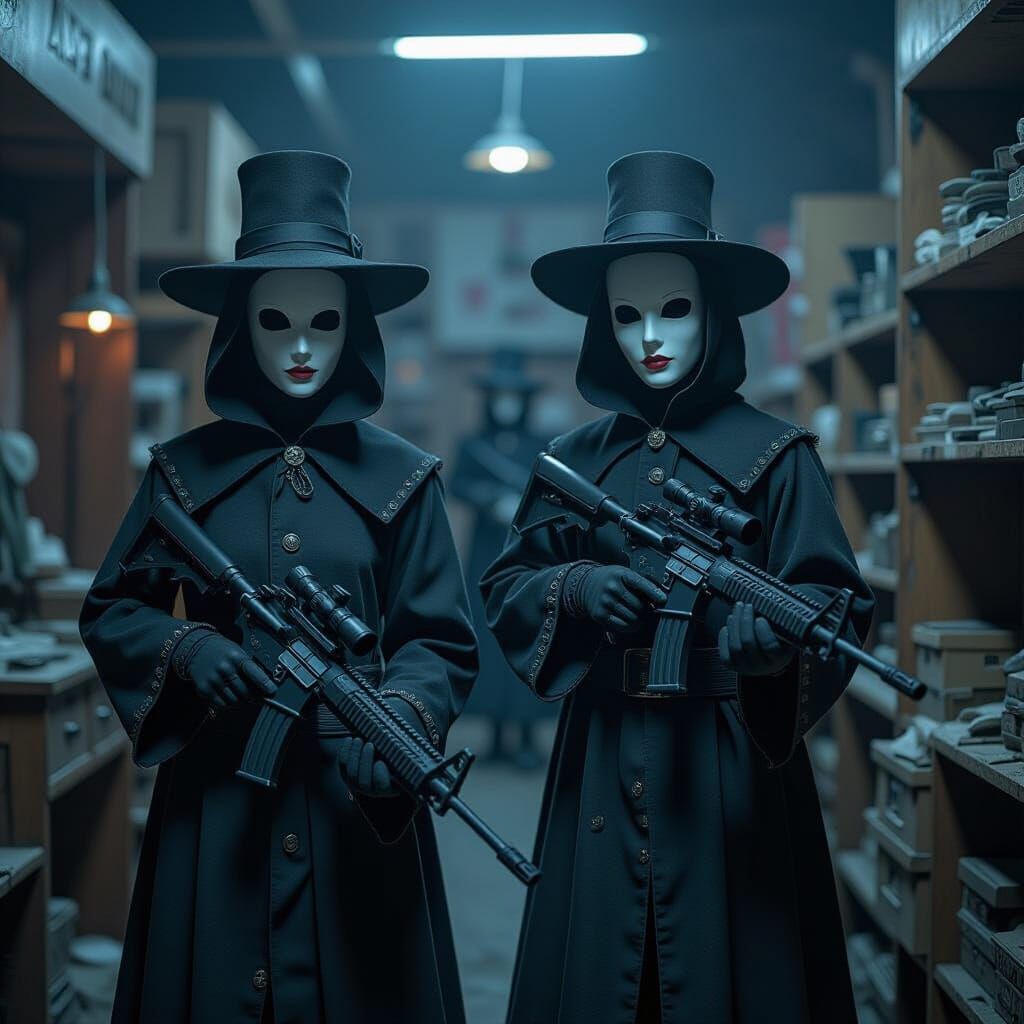 Dystopian Plague Doctor Puppets with Machine Guns