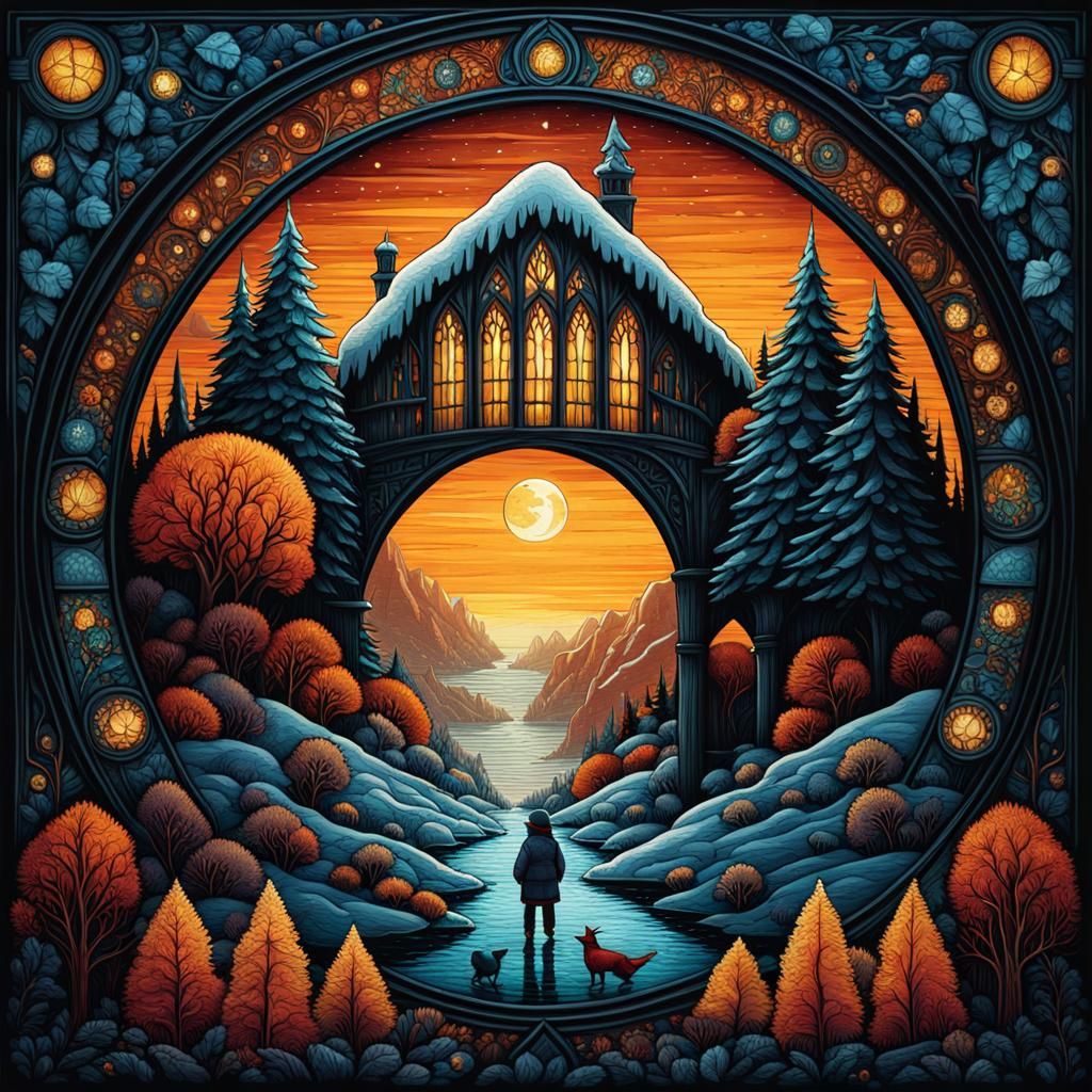 Surreal Winter Landscape in Vintage Storybook Style