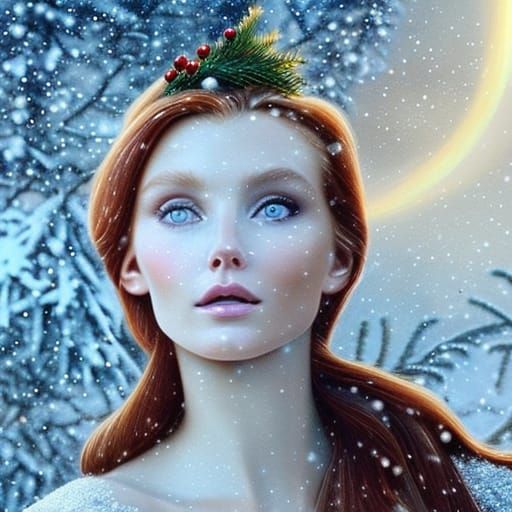 Christmas Snow Scene with Elsa Hosk as Oil Painting