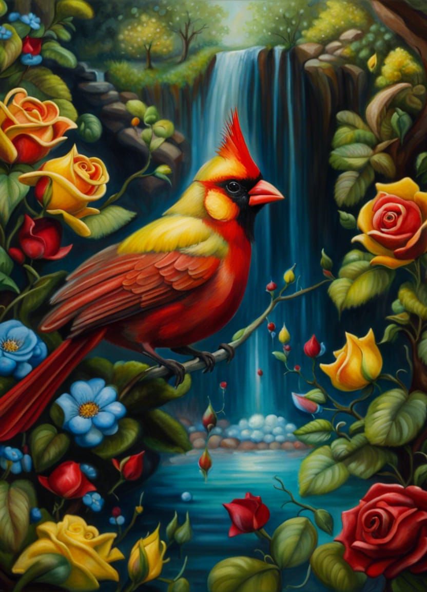 Cardinal in Fantasy Landscape: Hyperdetailed Oil Painting