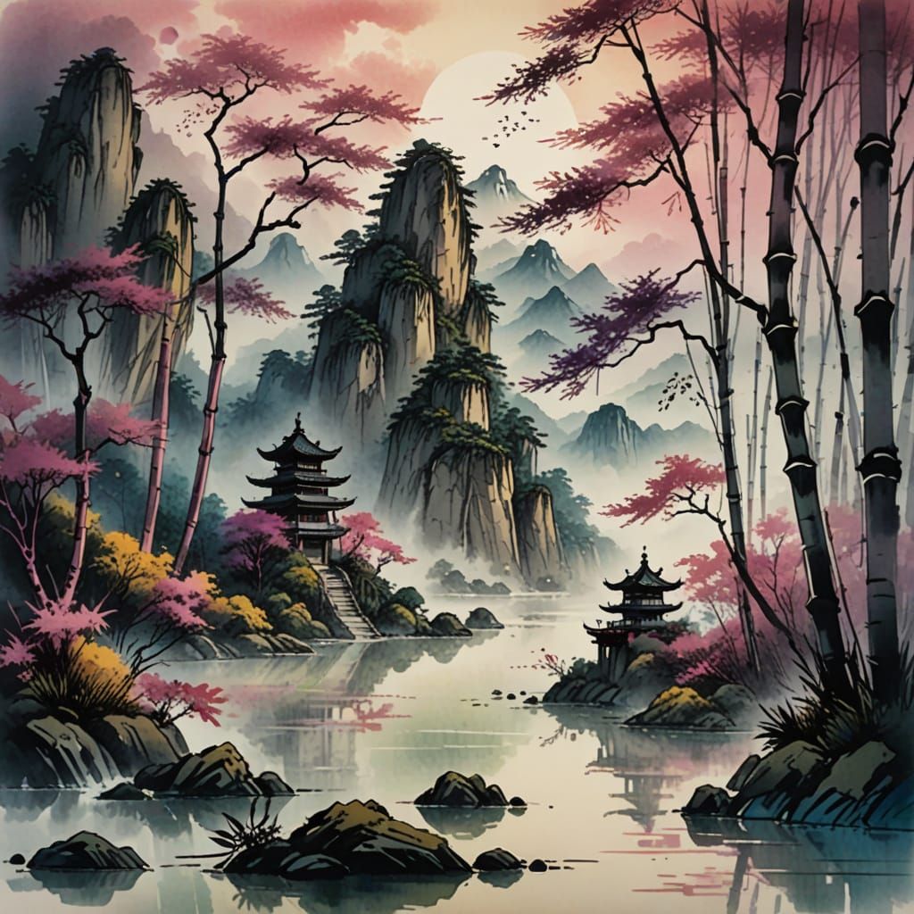 Mystical Bamboo Forest with Vibrant Colors and Soft Light