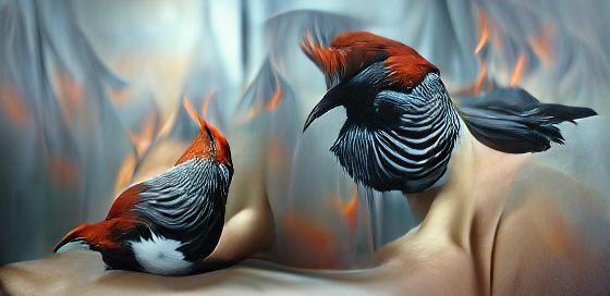 Hyperrealistic Birds Conjuring Fire in a Cage