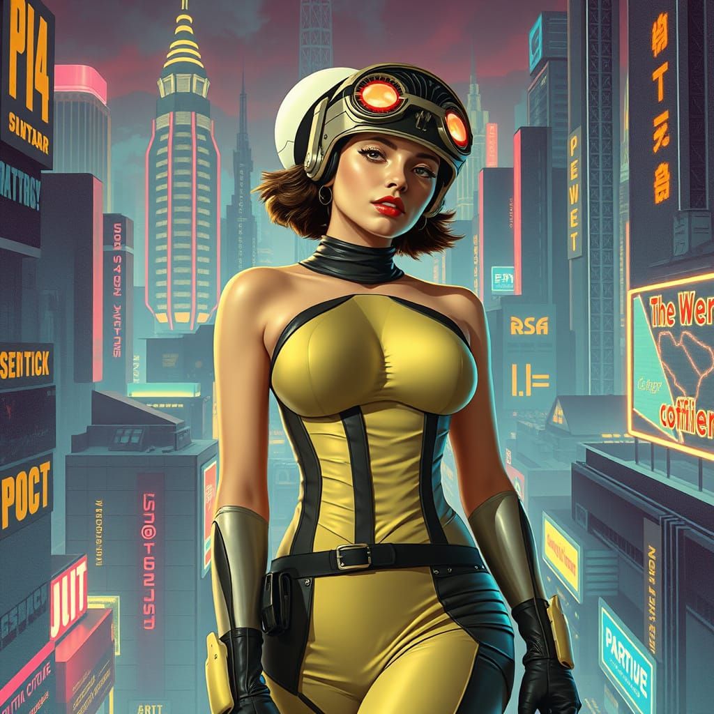 Retro-Futuristic Punk Goddess in Neon-Lit Metropolis