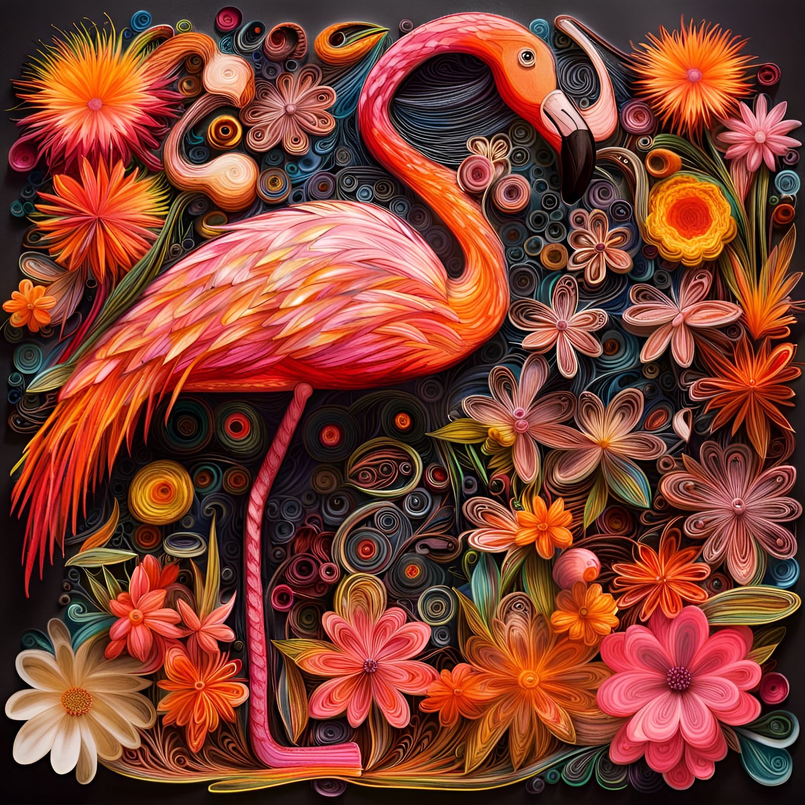 Floral Flamingo in Detailed Folk Art Style