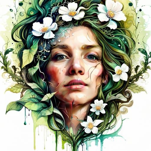 Lush Green Vines with White Flowers in Hyperreal Style