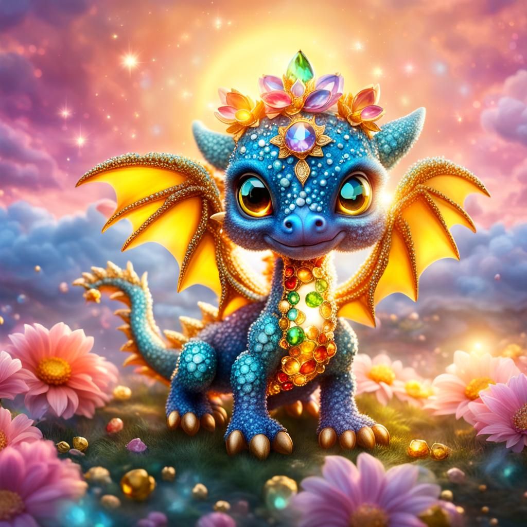 Mystical Bejeweled Baby Dragon in Kawaii Style