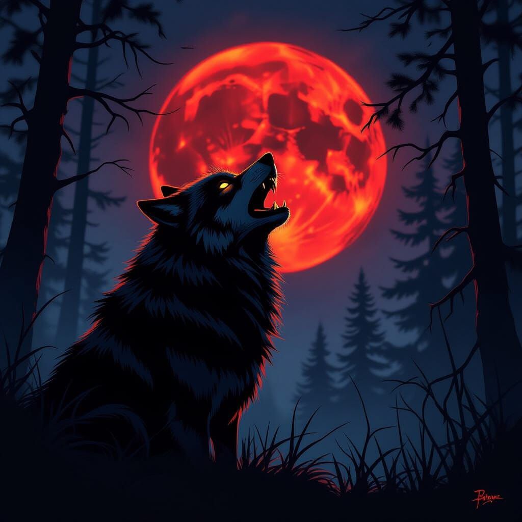 Fearsome Wolf Howling at Blood Moon in Dark Forest