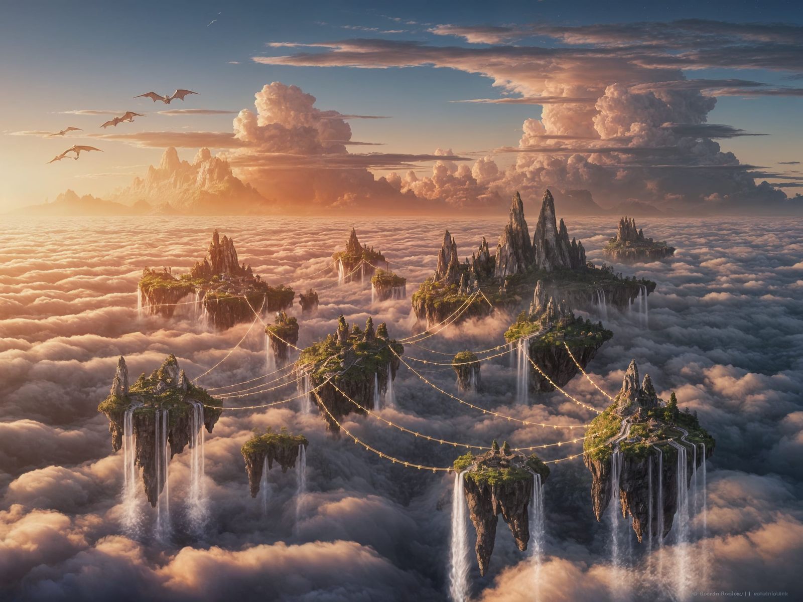 Floating Islands with Dragons at Sunrise, Amano Style