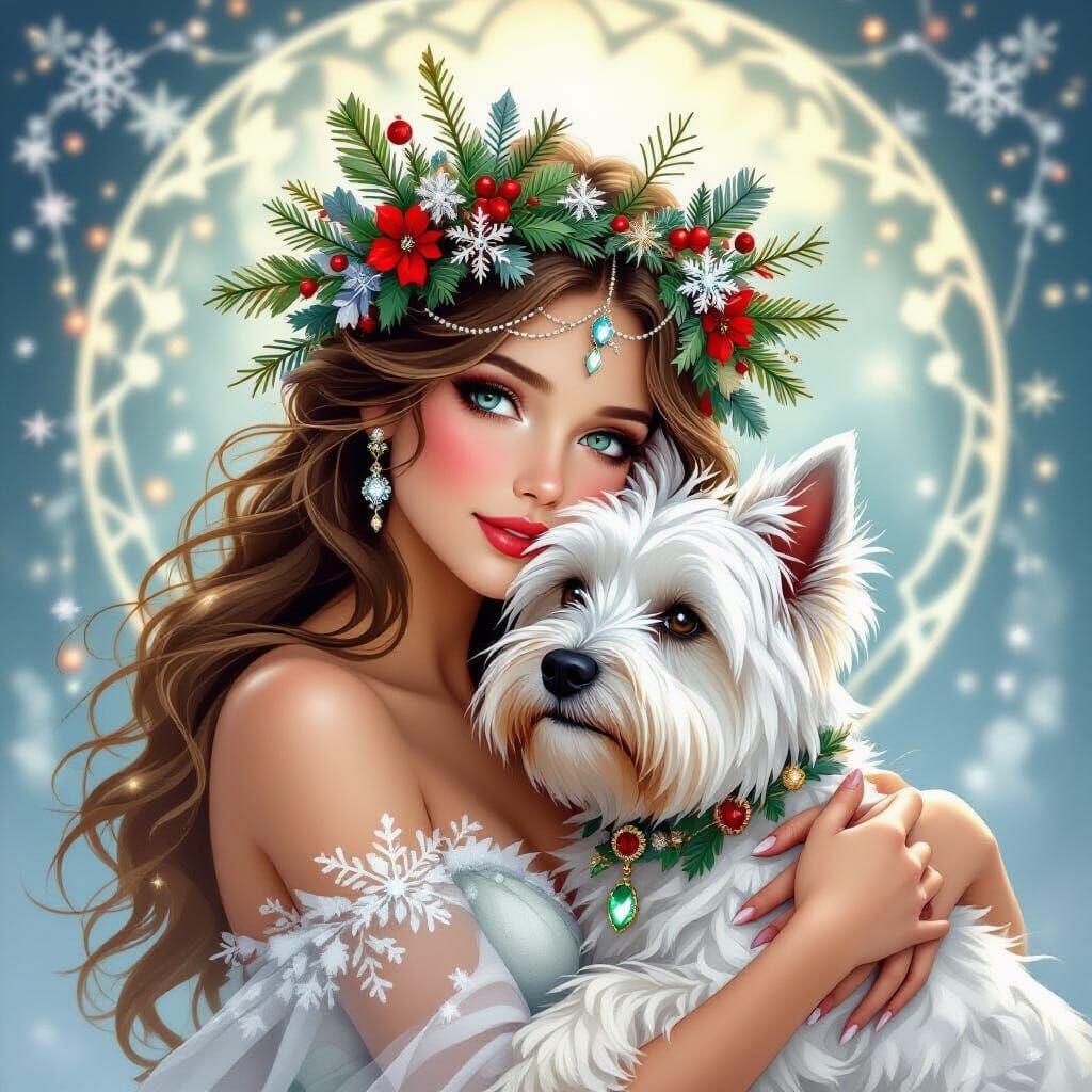 Christmas Nymph with Westie in Magical Illustrative Style
