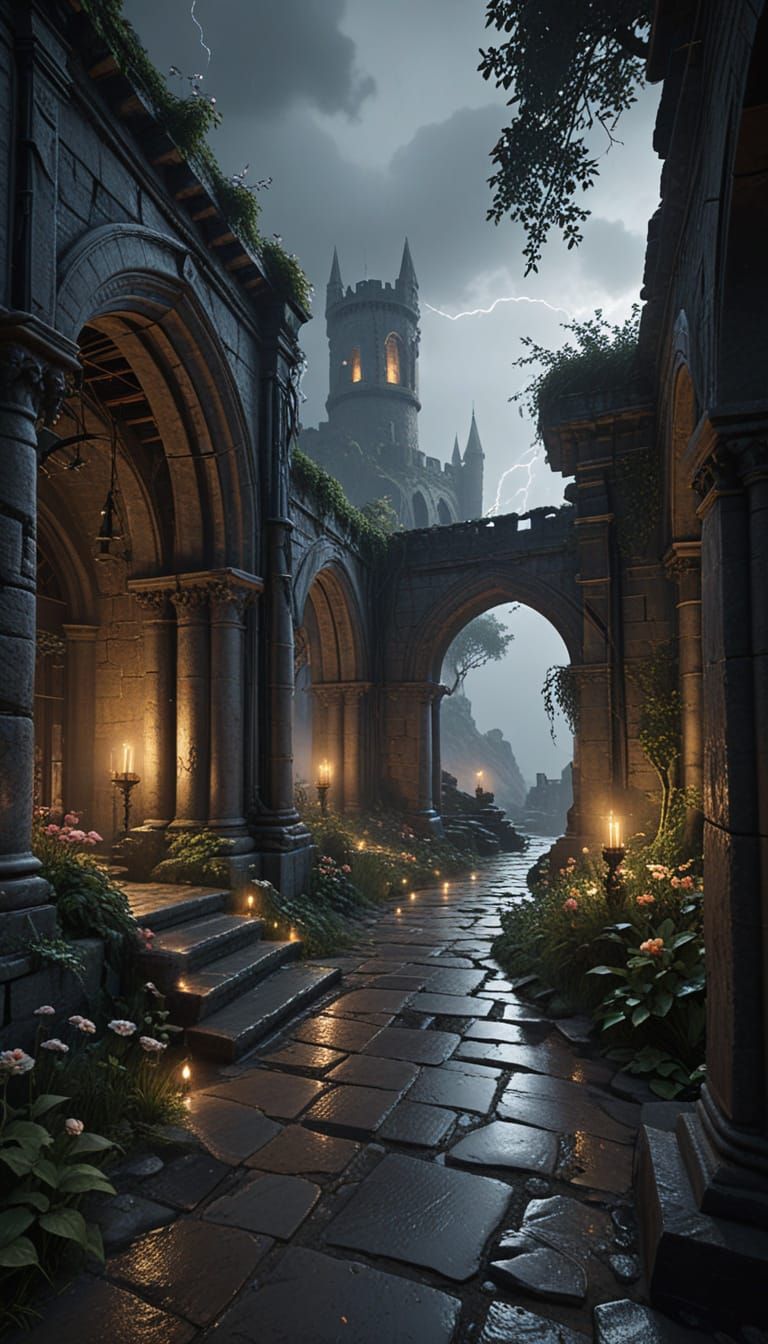 Wizard's Enchanted Garden During Lightning Storm