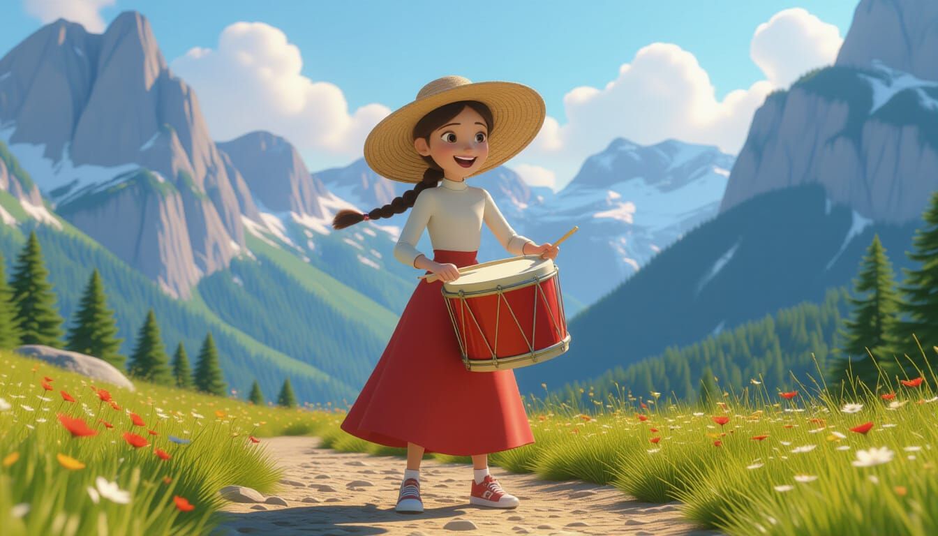 Cheerful Girl Plays Drum, Pixar-Style 3D Animation