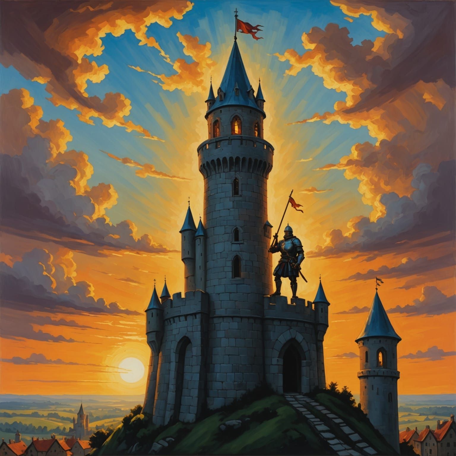 Medieval Paladin at Sunrise in Chiaroscuro Oil Painting
