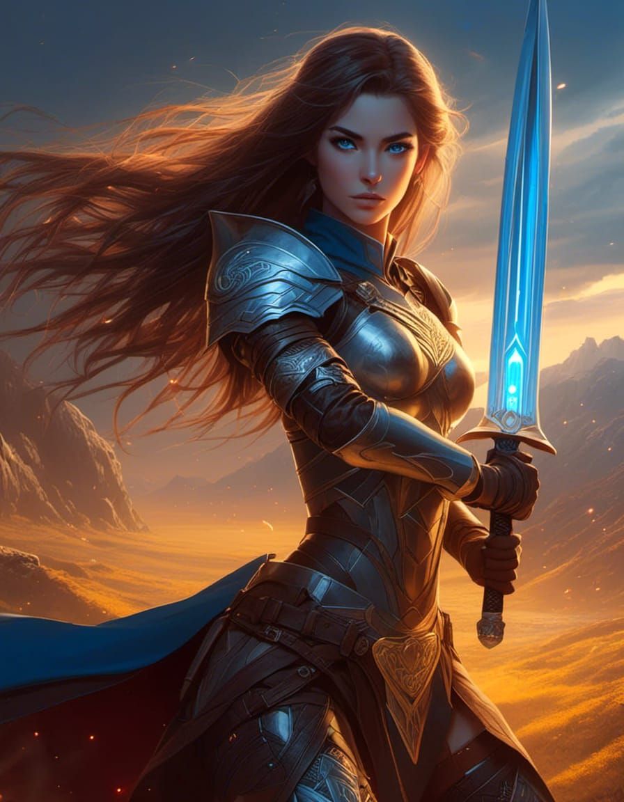 Aerial view of Female armored elvish warrior, brown hair, blue eyes, holding sword and shield on battlefield. blue, yell...