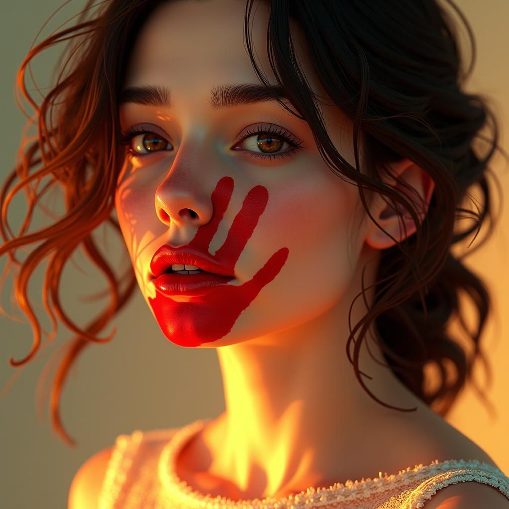 Brunette with Red Handprint in Art Nouveau Style