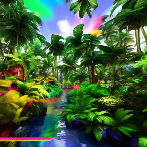 Neon Tropical Paradise in Cyberpunk Style