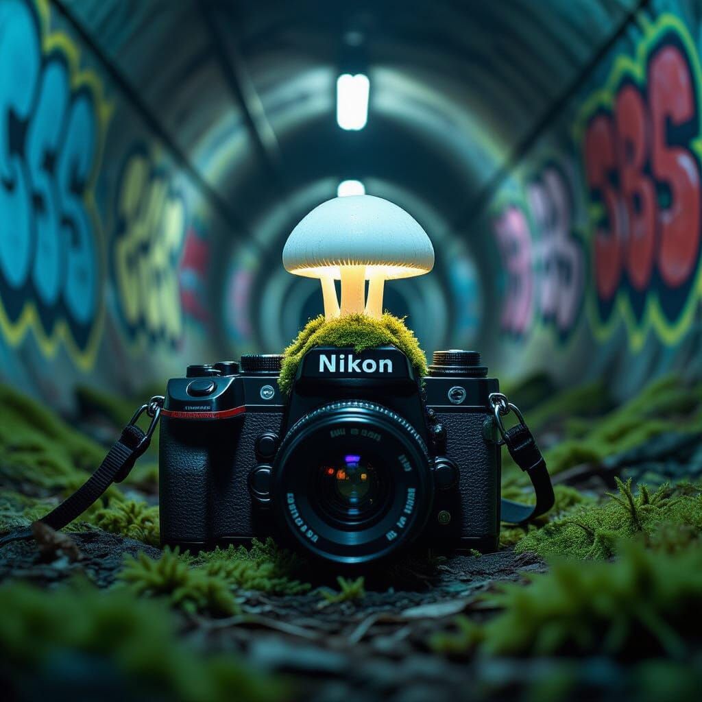 Bioluminescent Mushroom on Abandoned Camera in Tunnel