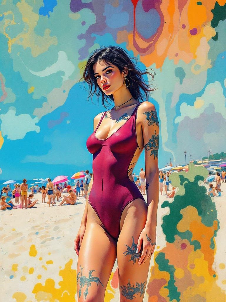 Liberated Woman on Boardwalk as Vibrant Watercolor Painting
