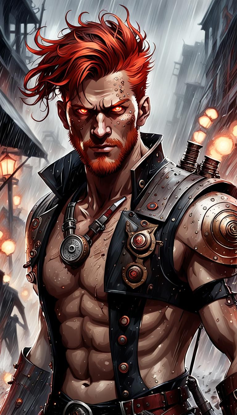 AI Drawing Prompt:
"In the midst of a chaotic battlefield, a shirtless, dripping sweaty, redhead male steampunk warrior ...