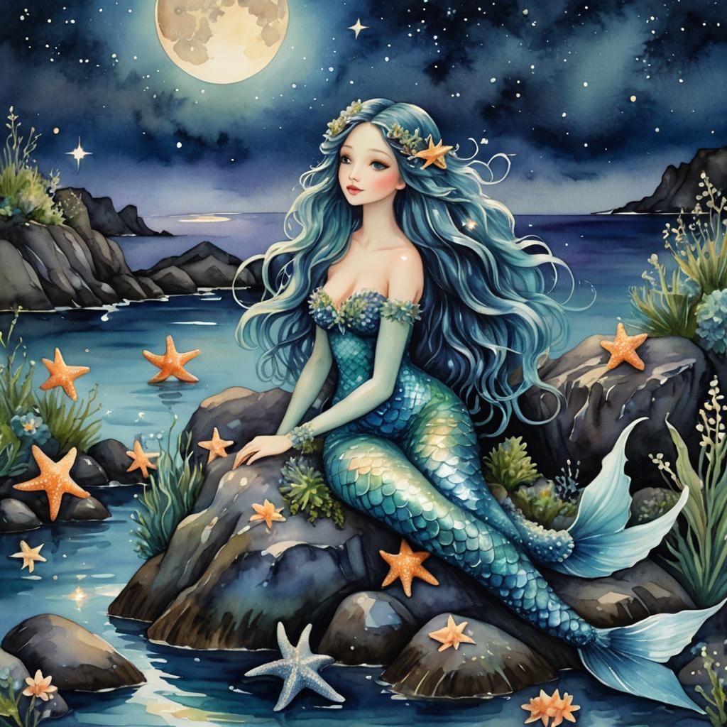 Dreamy Mermaid Under Starry Night in Watercolor Style