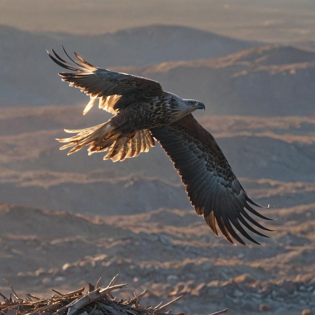 Eagle in Flight at Dawn: Hyperrealistic Rendering