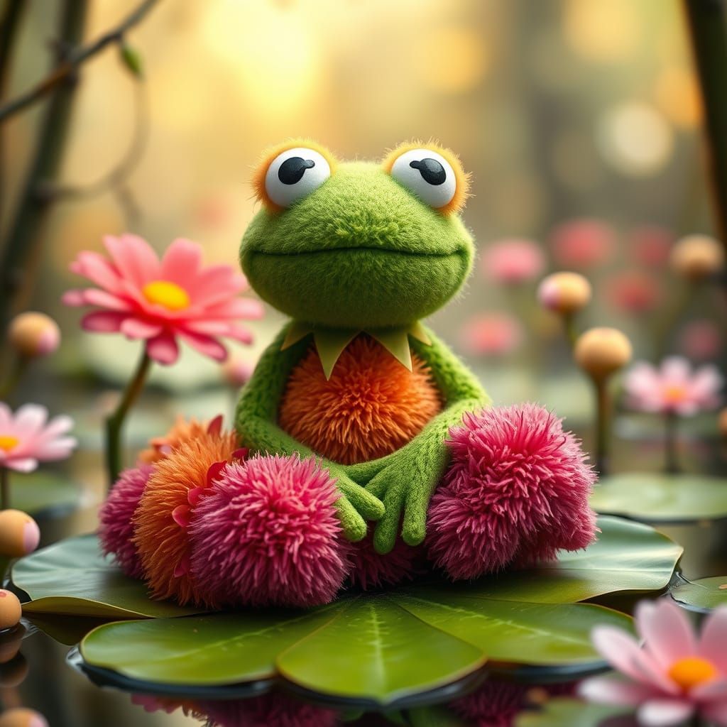 Kermit the Frog Made of Pom-Poms in Whimsical Style