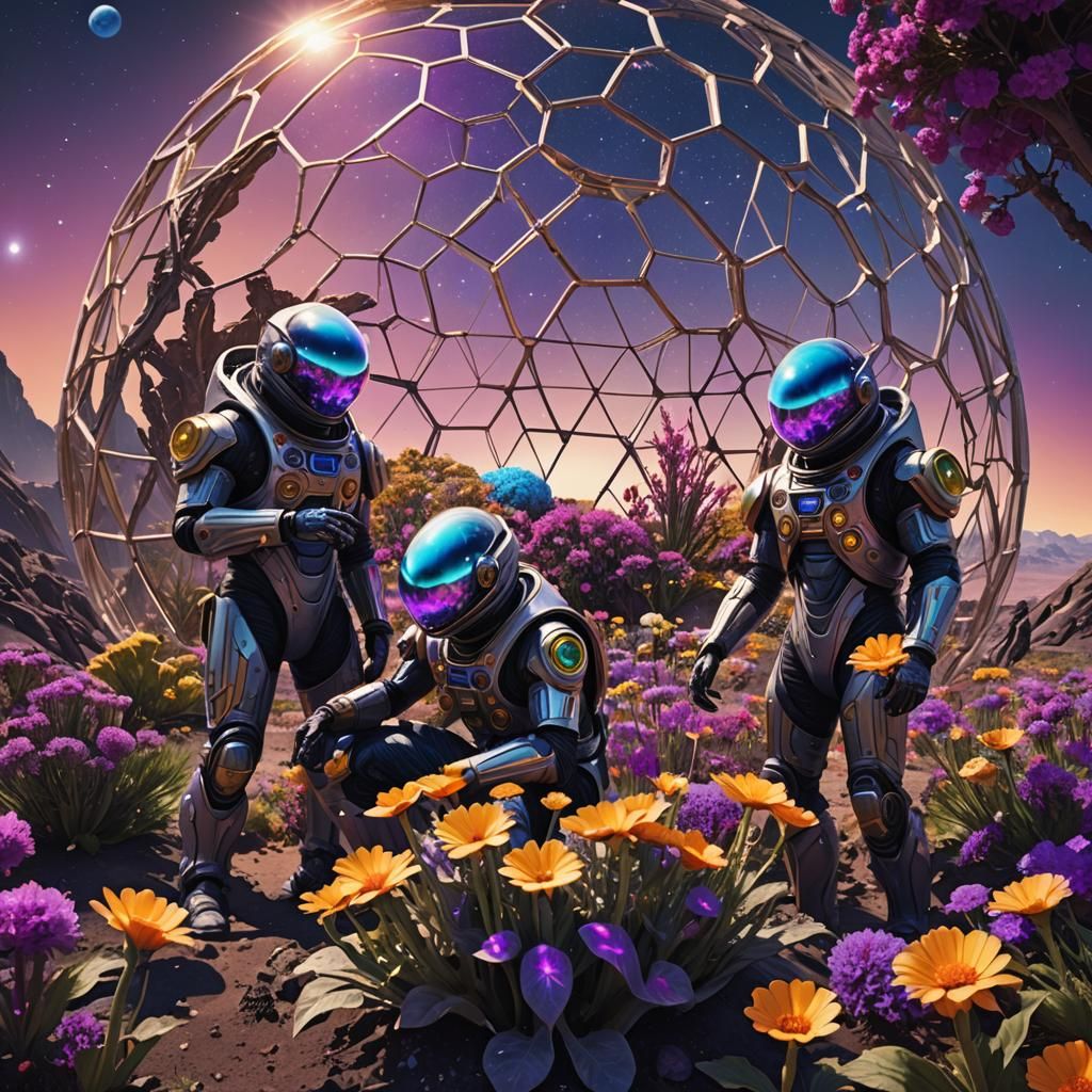Lunar Geodesic Garden: Alien Men Tend Flowers