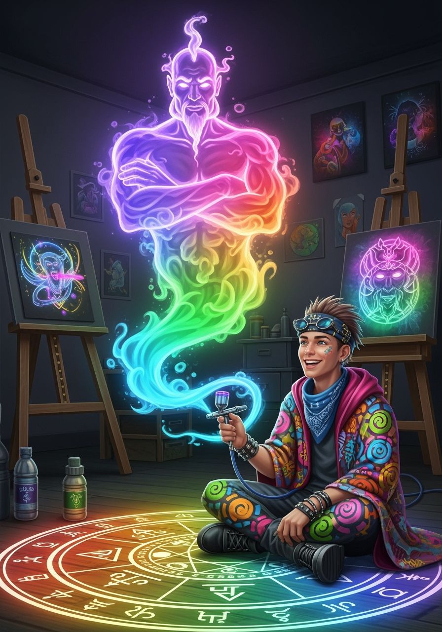 Rainbow Gas Genie Emerges in Digital Illustration